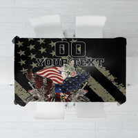 Black remembrance Day tablecloth with eagle, USA flags, and customizable text design