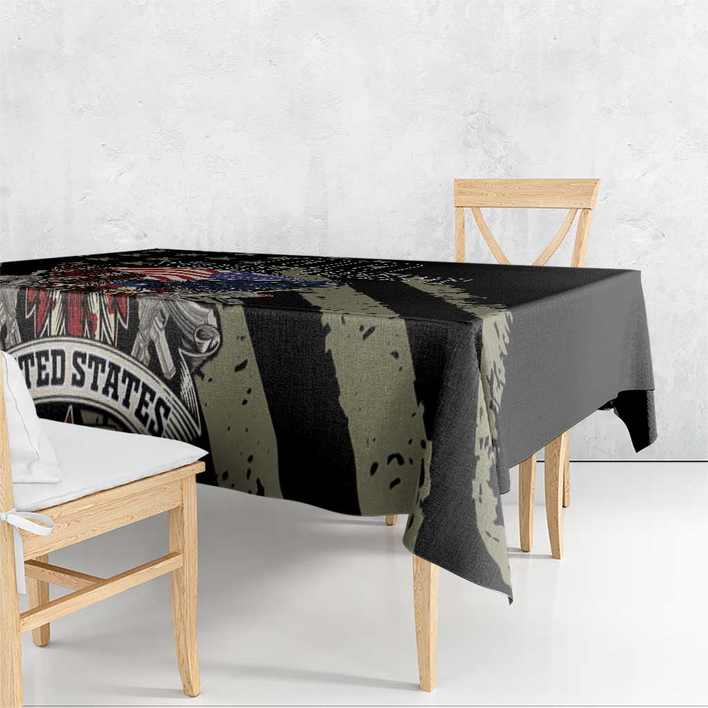 Black remembrance Day tablecloth corner view with eagle-and-flags print and custom text area
