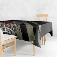 Black remembrance Day tablecloth corner view with eagle-and-flags print and custom text area