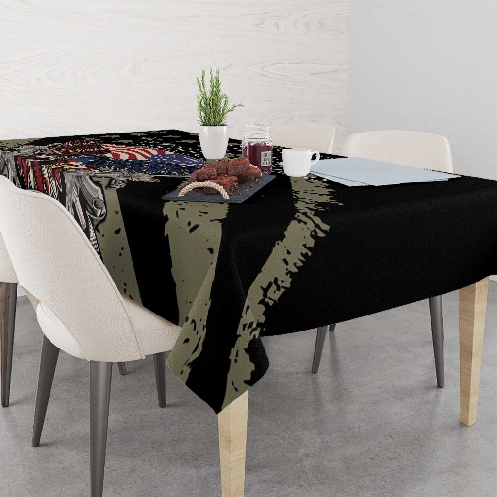 Black remembrance Day tablecloth draped on dining table with eagle and USA flag graphic