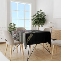 Black remembrance Day tablecloth with large eagle and USA flags print, over dining table