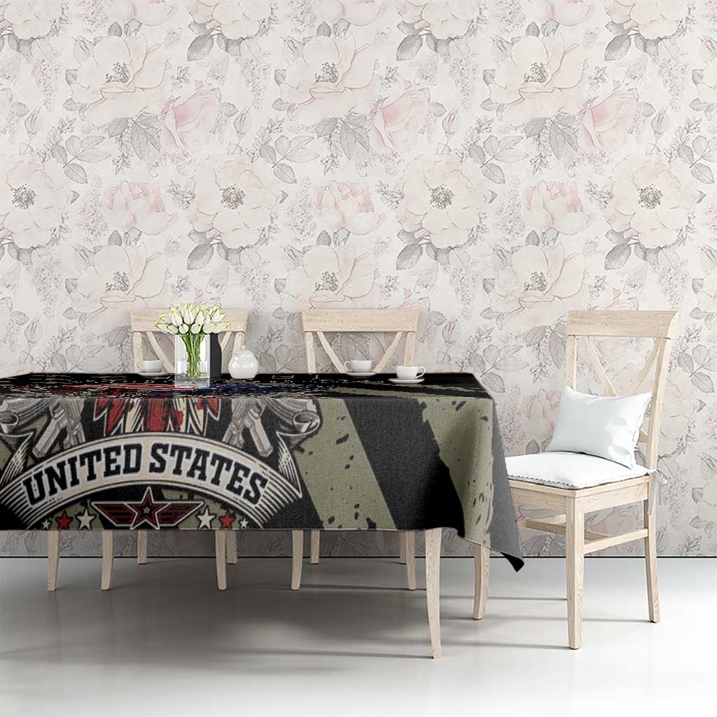 Black remembrance Day tablecloth on dining table with eagle and USA flags theme