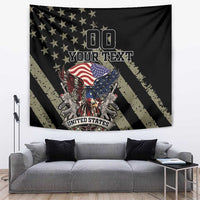 Black tapestry with American eagle and USA flag graphic, stars, and “YOUR TEXT”, hung on wall.