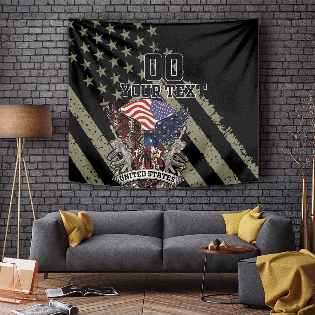 Black remembrance day tapestry with American eagle, USA flag, stars, and “YOUR TEXT”.