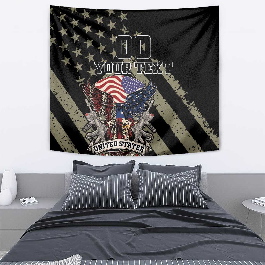 Black remembrance day tapestry featuring American eagle, USA flag, and “YOUR TEXT” above bed.