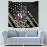 Black tapestry with American eagle and USA flag, stars, and “YOUR TEXT” over sofa.