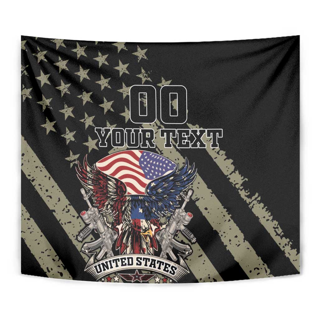 Black tapestry close-up with American eagle, USA flag, stars, and “YOUR TEXT” panel.