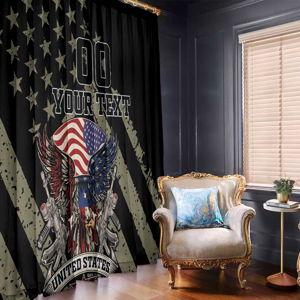Black window curtain with eagle and US flag graphic, custom text, dark interior view