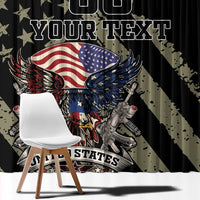 Black window curtain with eagle and US flag graphics, custom text panel, star pattern
