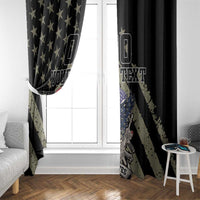 Black window curtains with eagle and US flag design, custom text, hanging on window