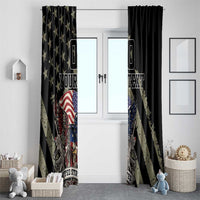 Black window curtain set with gold star pattern, eagle and US flag artwork, custom text