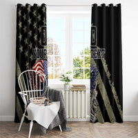 Black window curtain pair with gold stars, eagle and US flag art, custom text, centered