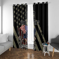 Black window curtains with eagle and US flag graphics, custom text, grommet top