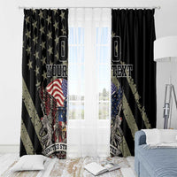 Black window curtain pair with gold stars, eagle and US flag center art, custom text