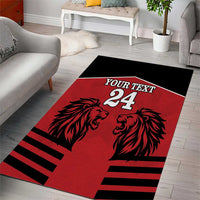 Red lion rugby area rug with two lion heads, black stripes, and “YOUR TEXT 24”