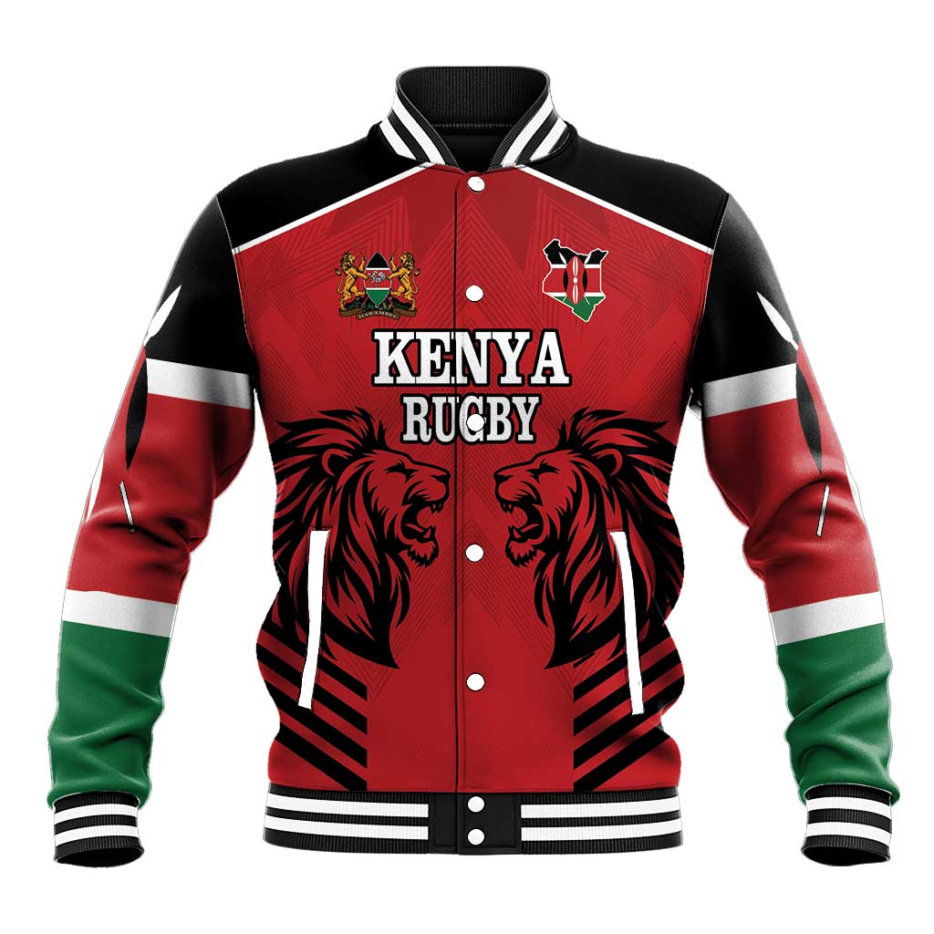 Unisex red rugby baseball jacket with black sleeves, Kenya Rugby lion graphic, striped cuffs