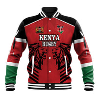 Unisex red rugby baseball jacket with black sleeves, Kenya Rugby lion graphic, striped cuffs