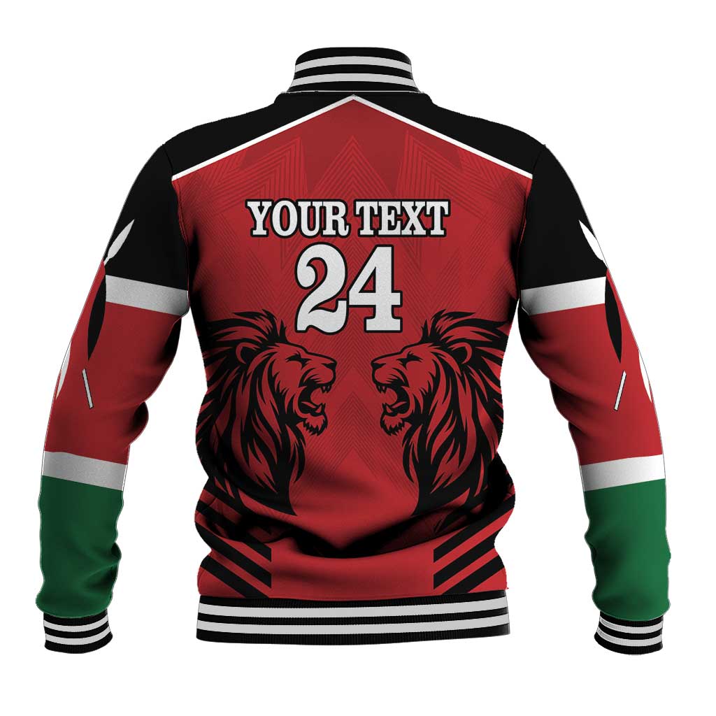 Unisex red rugby baseball jacket back with YOUR TEXT 24 lion graphic, striped collar