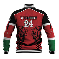 Unisex red rugby baseball jacket back with YOUR TEXT 24 lion graphic, striped collar