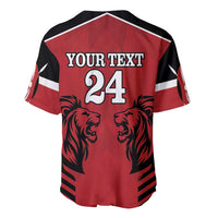 Red rugby baseball jersey back with “YOUR TEXT 24” and lion head graphics, black/white sleeves