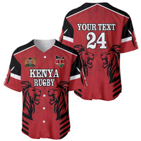 Two red rugby baseball jerseys: front “KENYA RUGBY” and back “YOUR TEXT 24” with lion design