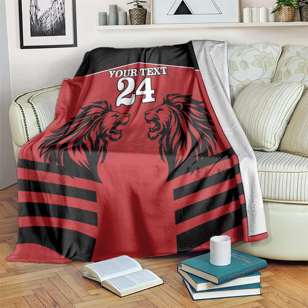 Red & black rugby blanket with lion heads, 'Your Text' and number 24