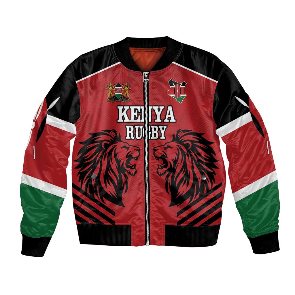 Red and black bomber jacket with Kenya Rugby lion graphic and white stripe sleeves