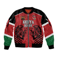 Red and black bomber jacket with Kenya Rugby lion graphic and white stripe sleeves