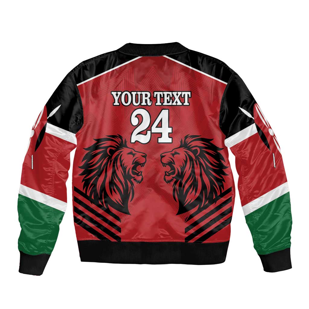 Red and black bomber jacket with Your Text 24 number and lion graphic
