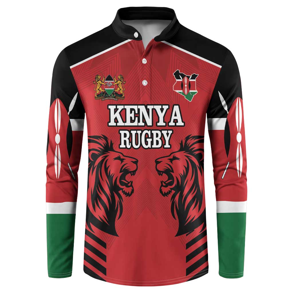 Red Kenya Rugby button sweatshirt with black collar, lion graphics, long sleeves