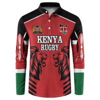 Red Kenya Rugby button sweatshirt with black collar, lion graphics, long sleeves