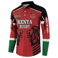 Red Kenya Rugby button sweatshirt with lion head print, long sleeves, green cuffs