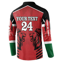 Back of red button sweatshirt with lion graphics, YOUR TEXT 24, long sleeves