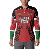 Men's red Kenya Rugby button sweatshirt with lion print, striped sleeves, long sleeves