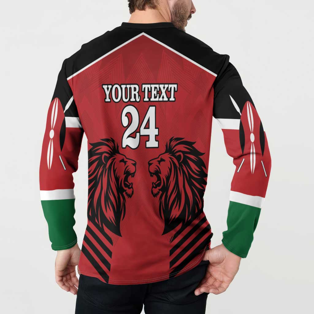 Back view of red Kenya Rugby button sweatshirt with YOUR TEXT 24, lion heads, sleeves