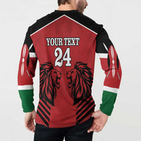 Back view of red Kenya Rugby button sweatshirt with YOUR TEXT 24, lion heads, sleeves