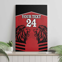 Red framed canvas wall art with lion heads and “Your Text 24” typography