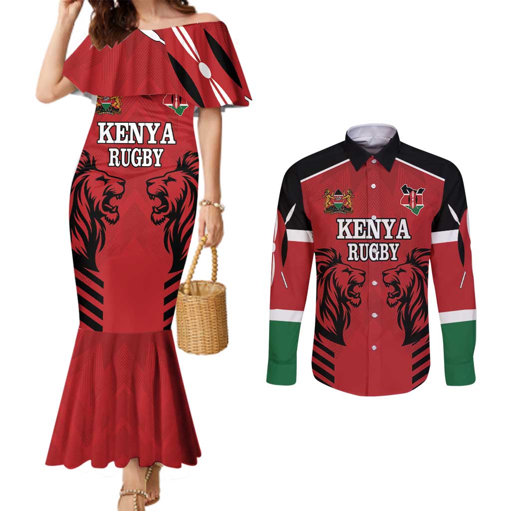 Custom Kenya Rugby Couples Matching Mermaid Dress and Long Sleeve Button Shirt African Lion Unique Style