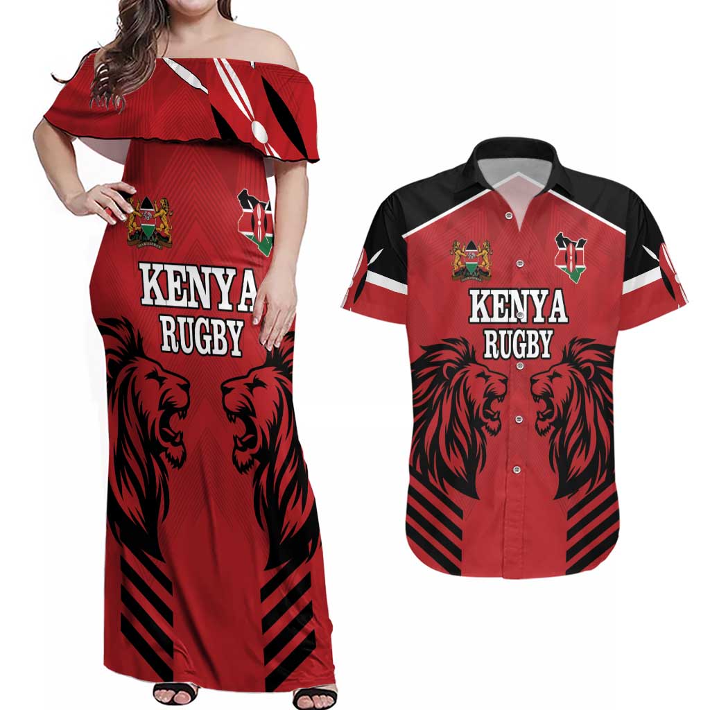 Custom Kenya Rugby Couples Matching Off Shoulder Maxi Dress and Hawaiian Shirt African Lion Unique Style - Wonder Print Shop