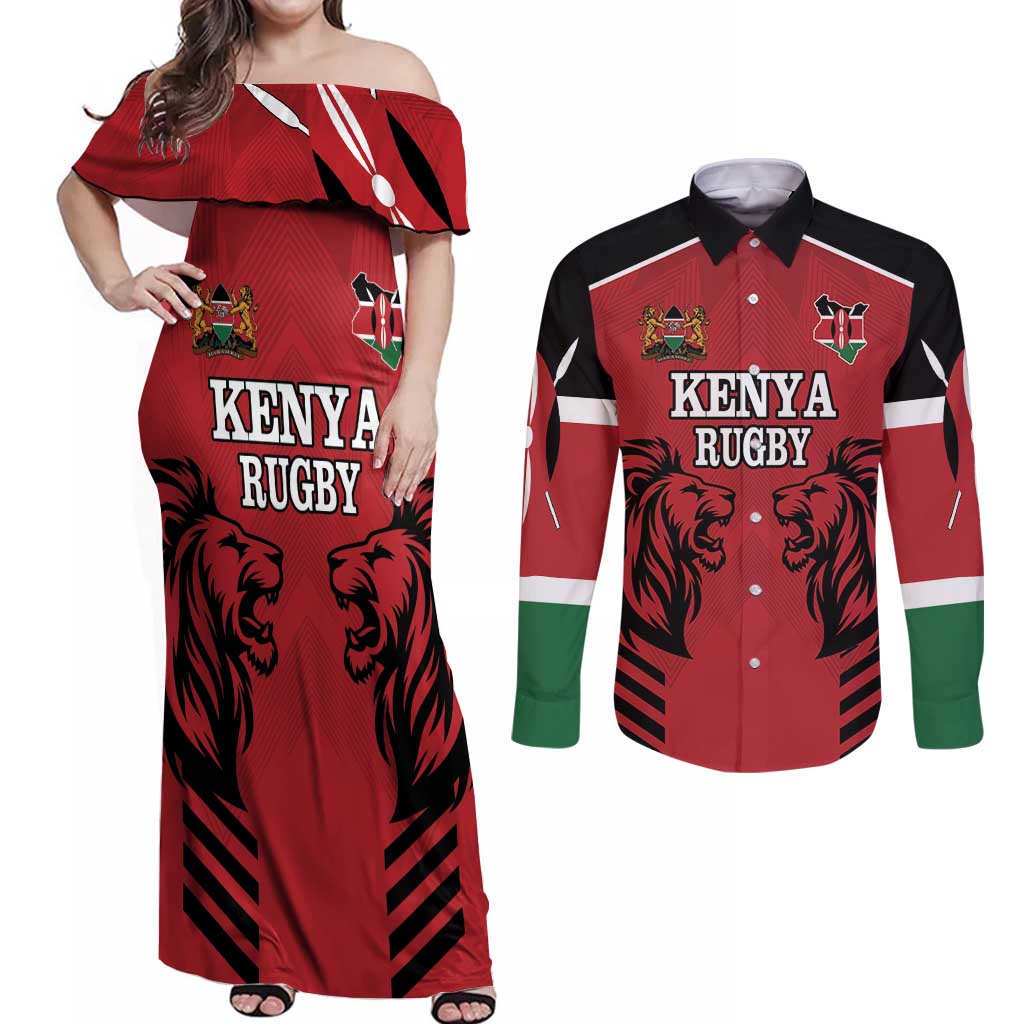 Custom Kenya Rugby Couples Matching Off Shoulder Maxi Dress and Long Sleeve Button Shirt African Lion Unique Style - Wonder Print Shop