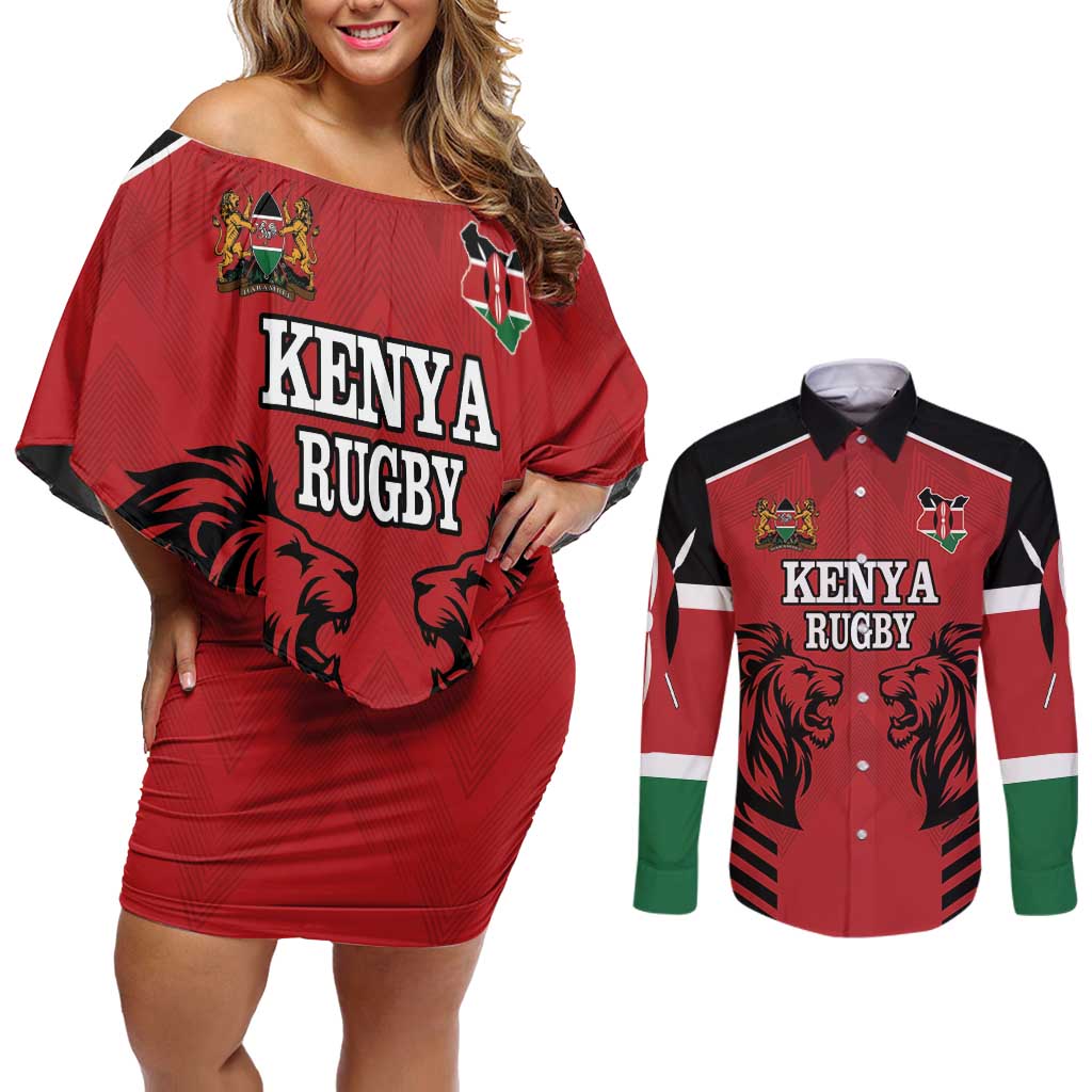 Custom Kenya Rugby Couples Matching Off Shoulder Short Dress and Long Sleeve Button Shirt African Lion Unique Style - Wonder Print Shop