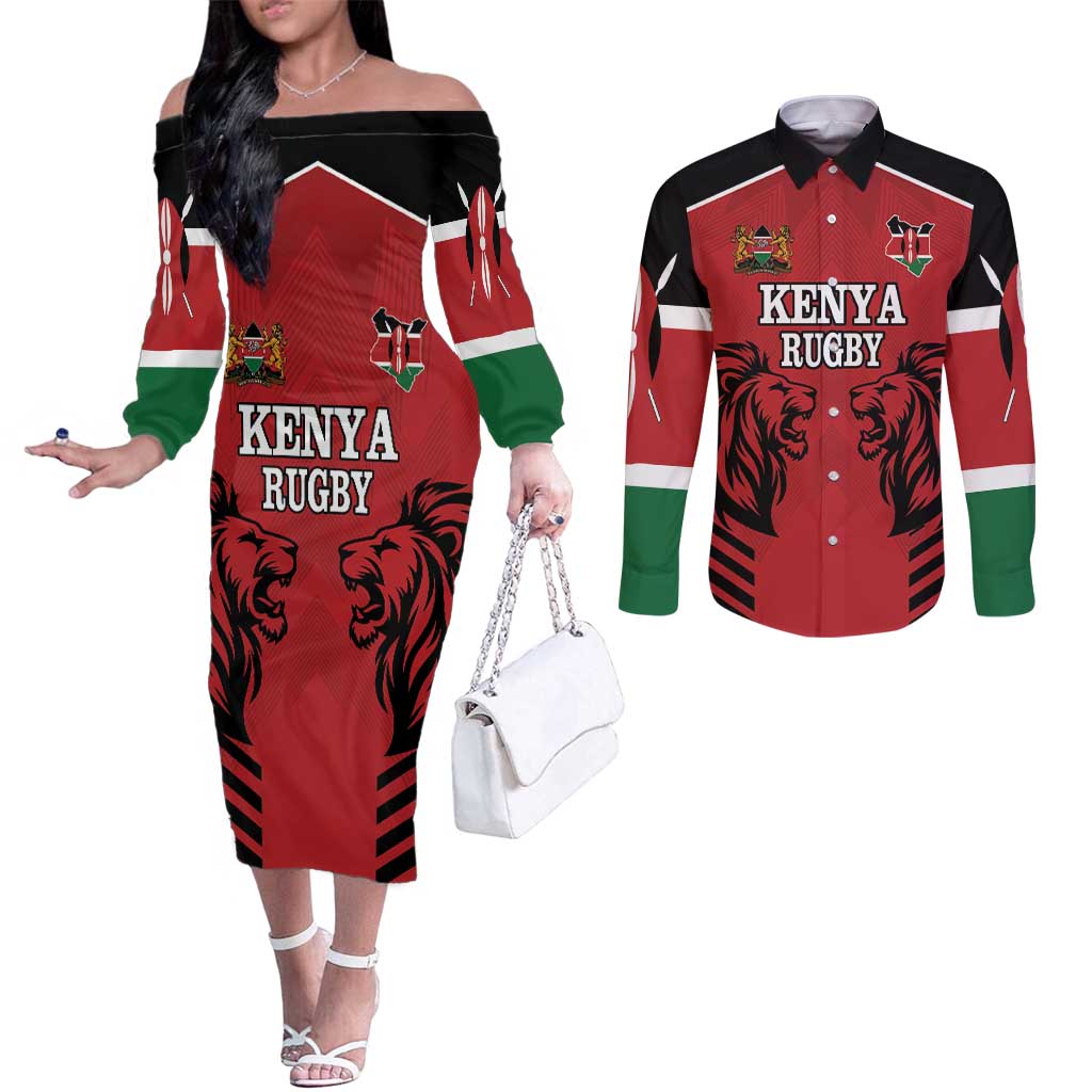 Custom Kenya Rugby Couples Matching Off The Shoulder Long Sleeve Dress and Long Sleeve Button Shirt African Lion Unique Style