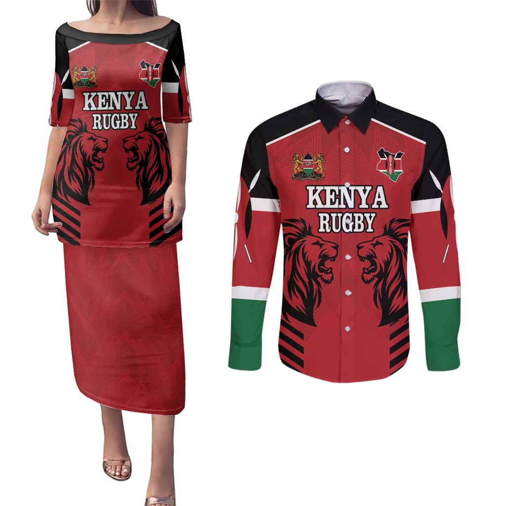 Custom Kenya Rugby Couples Matching Puletasi and Long Sleeve Button Shirt African Lion Unique Style - Wonder Print Shop