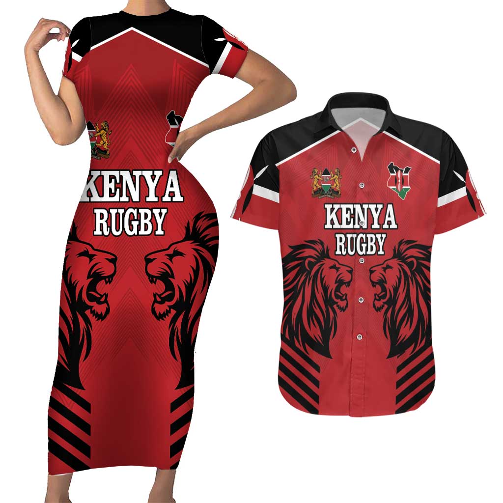 Custom Kenya Rugby Couples Matching Short Sleeve Bodycon Dress and Hawaiian Shirt African Lion Unique Style - Wonder Print Shop