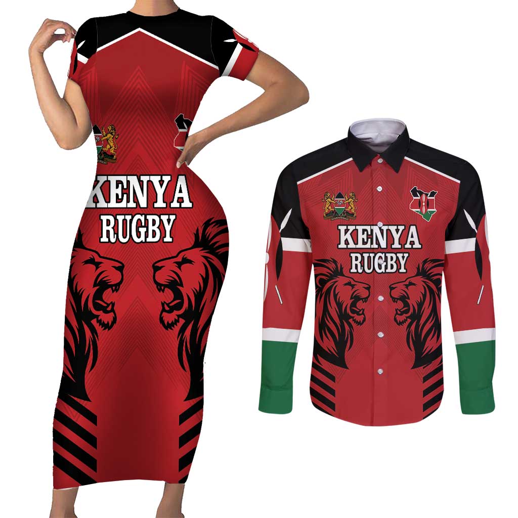 Custom Kenya Rugby Couples Matching Short Sleeve Bodycon Dress and Long Sleeve Button Shirt African Lion Unique Style - Wonder Print Shop