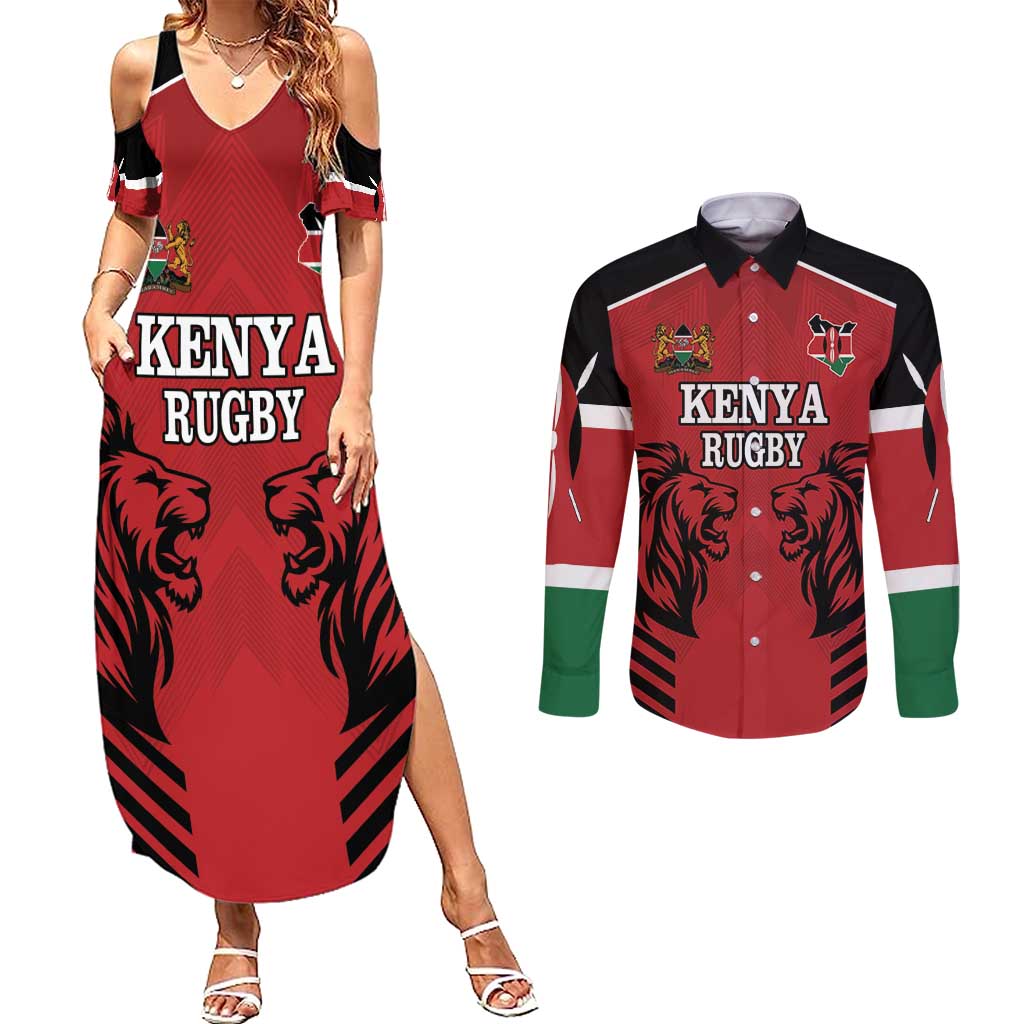 Custom Kenya Rugby Couples Matching Summer Maxi Dress and Long Sleeve Button Shirt African Lion Unique Style - Wonder Print Shop