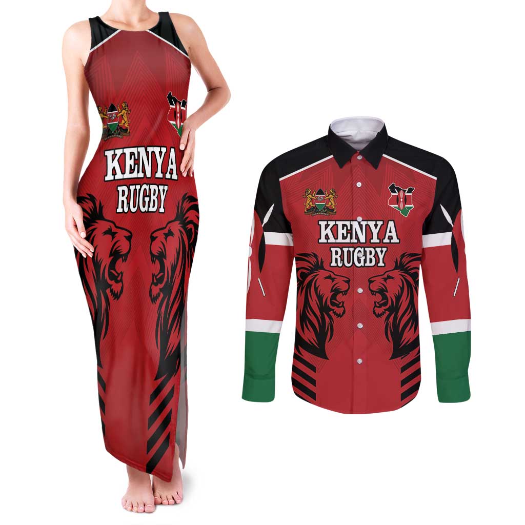 Custom Kenya Rugby Couples Matching Tank Maxi Dress and Long Sleeve Button Shirt African Lion Unique Style - Wonder Print Shop