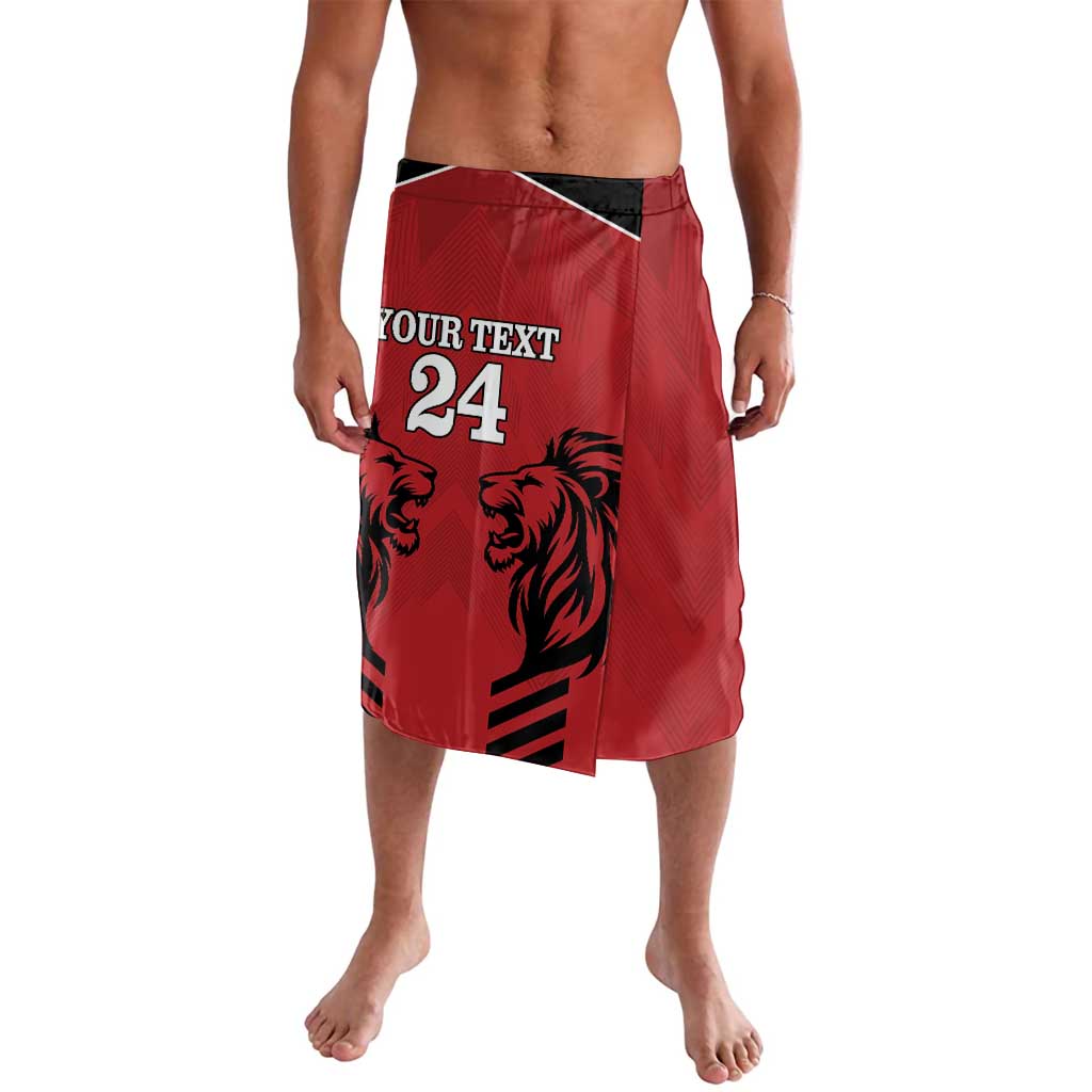 Red rugby-style wrap skirt with black waistband, lion graphic and number 24