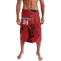 Red rugby-style wrap skirt with black waistband, lion graphic and number 24