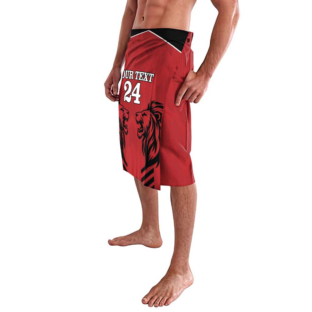 Red rugby-style wrap skirt with black waistband, lion face and number 24, side view